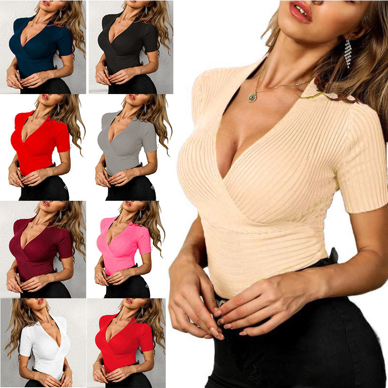Summer V-neck Sexy Slim Pullover Knit Solid Color Short Sleeve Top Women's T-shirt