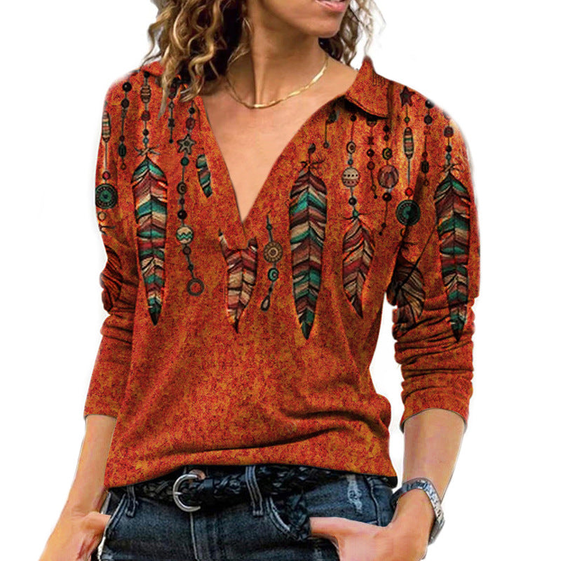 Women's Pullover Vintage Printed Lapel Long Sleeve T-shirt