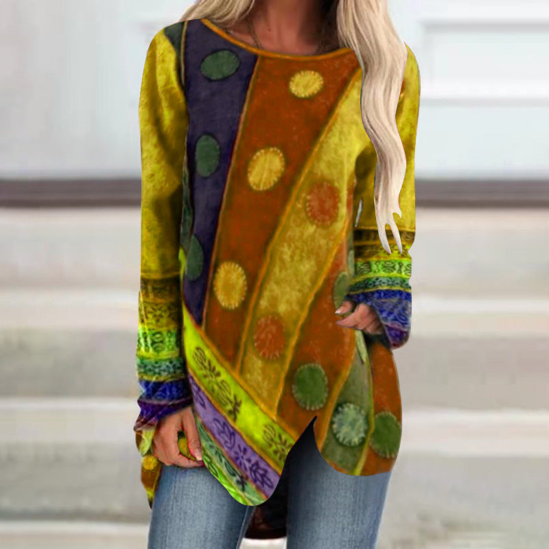 Women's Printing Autumn Retro Top Irregular Loose Long-sleeve T-shirt