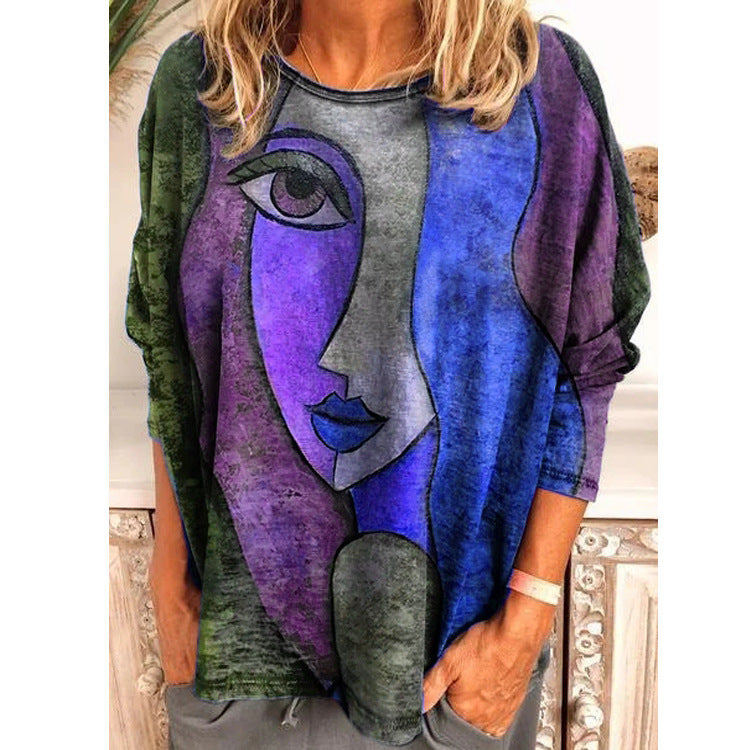 Large Size Women's Printing Print Long Sleeve Loose T-shirt