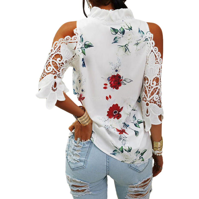 Summer Women's Top Flower Print Pullover Off-shoulder Lace Stitching Long Sleeve T-shirt