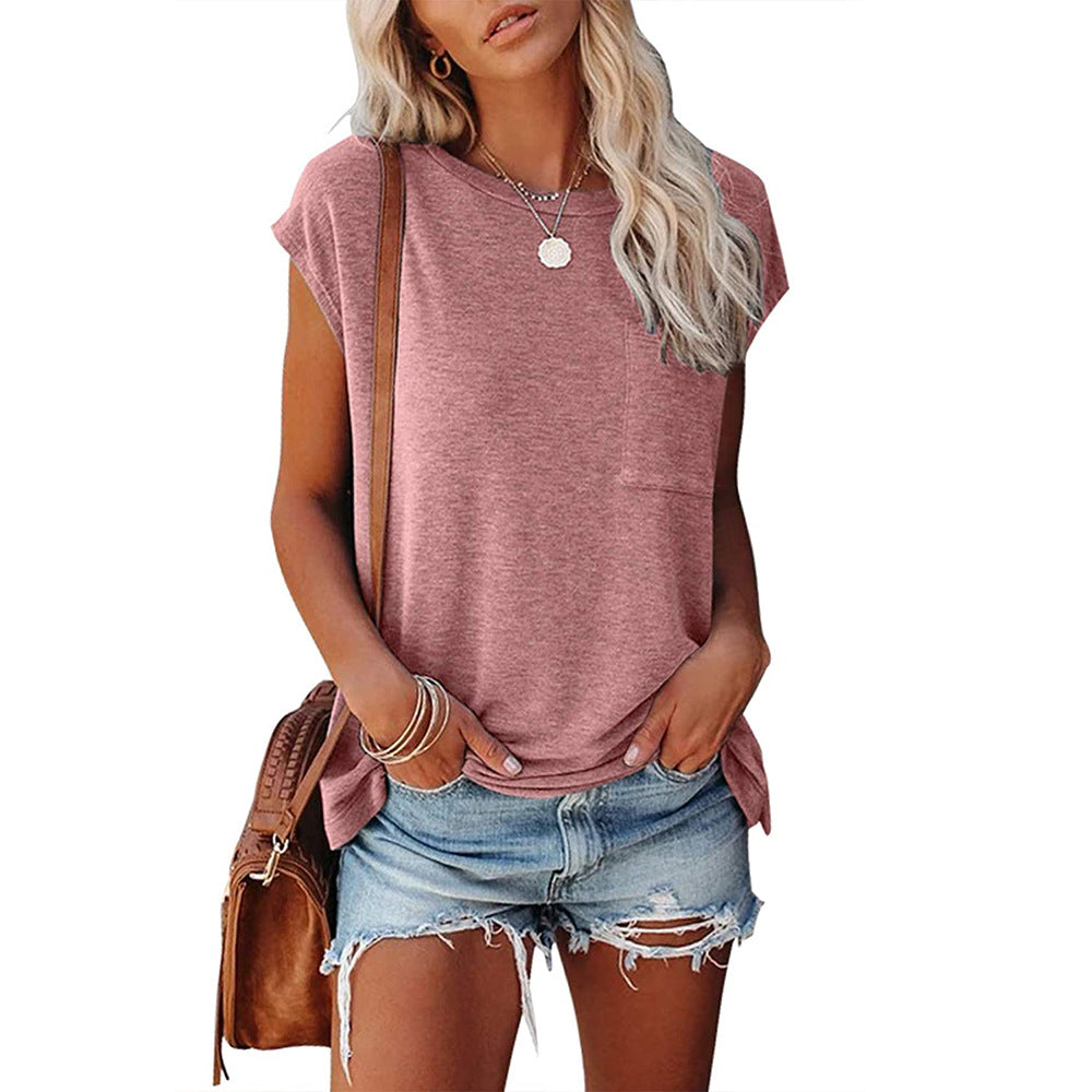 Women's Solid Color Round Leisure Neck Pocket Shoulder Short-sleeved T-shirt