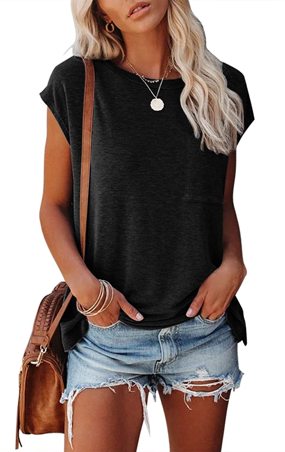 Women's Solid Color Round Leisure Neck Pocket Shoulder Short-sleeved T-shirt