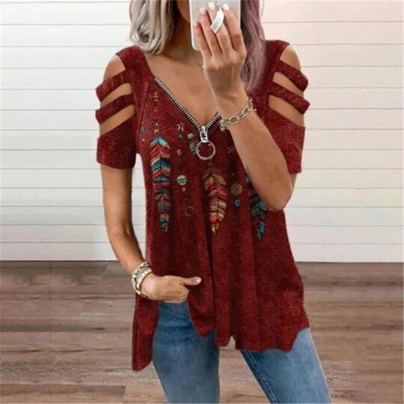 Women's Collar Leisure Zipper Pullover Print Short Sleeve Loose T-shirt Top