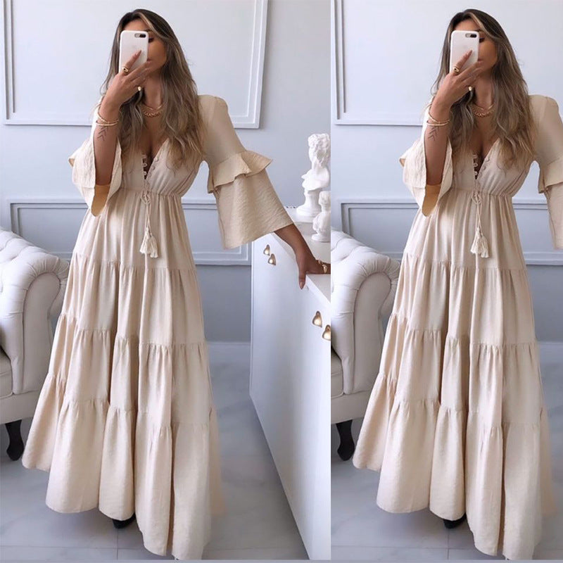 Polyester Women's V-neck Lace-up Solid Color Long Dress