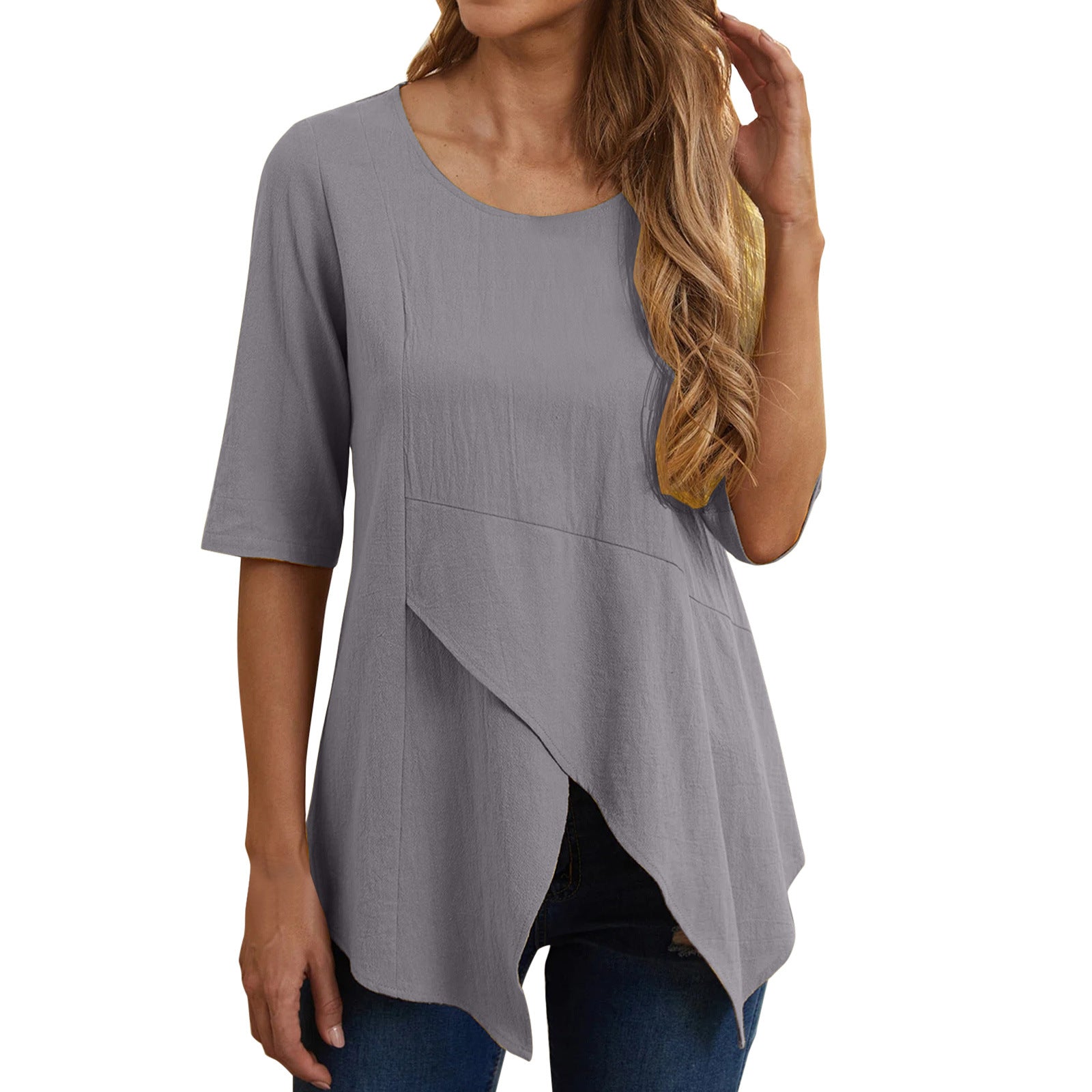 Women's Irregular Pullover Round Neck Urban Leisure Slim-fit Half Sleeve Cotton Linen T-shirt