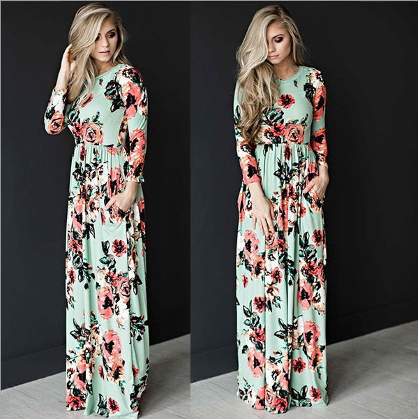 Printing Summer Round Neck Flowers Print Long Sleeve Dress