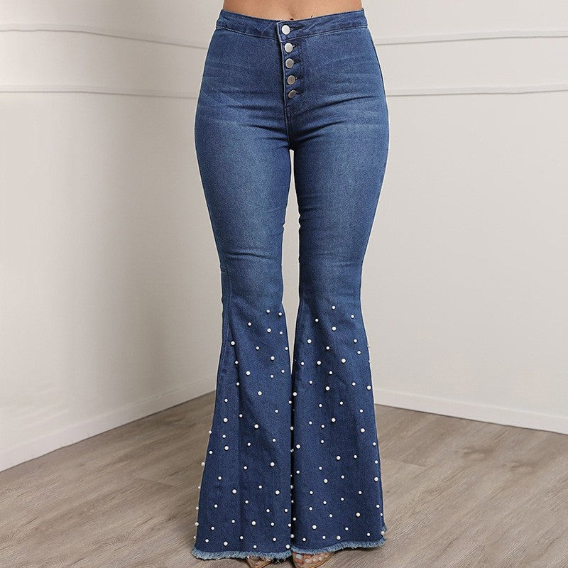 Stretch Cowboy Jeans Casual Beaded Bell-bottom Pants