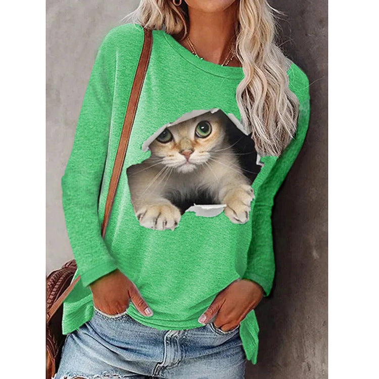 Trendy Round Neck Digital Printing Pullover Cat Long Sleeve Women's T-shirt