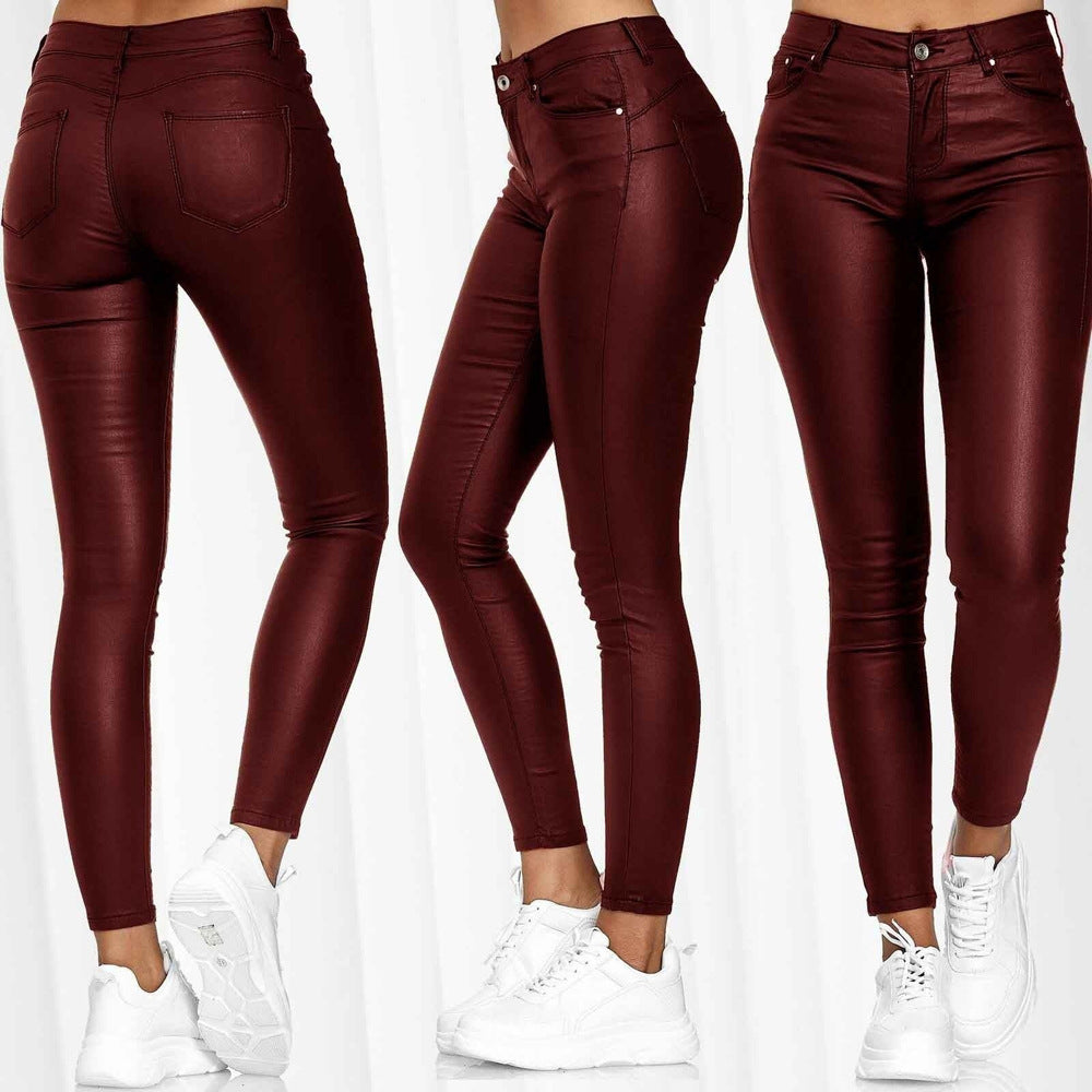 Temperament Commute High Waist Pure Color Leather Casual Skinny Trousers Women's Pants