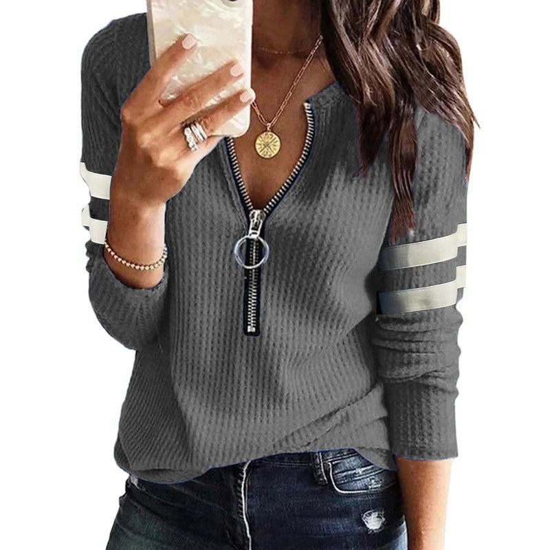 Women's Zipper V-neck Stitching Leisure Long Sleeve T-shirt Top