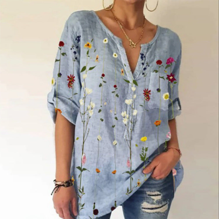 Summer Women Loose Printed Cotton Blend V-neck Three-quarter Sleeve Top