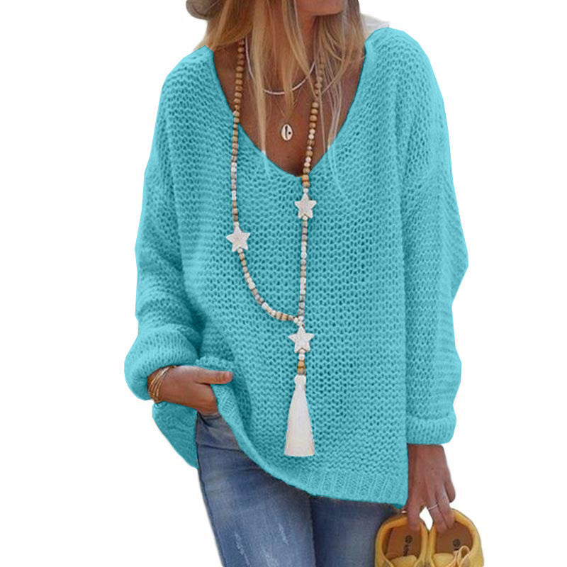 Women's Pullover Sweater V-neck Long-sleeved Knitted Top