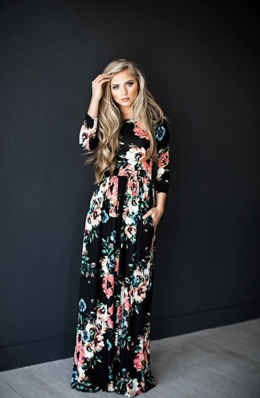 Printing Summer Round Neck Flowers Print Long Sleeve Dress