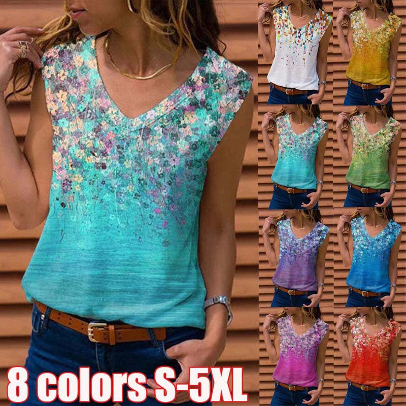 Women Loose Sleeveless V-neck Printed Vest T-shirt