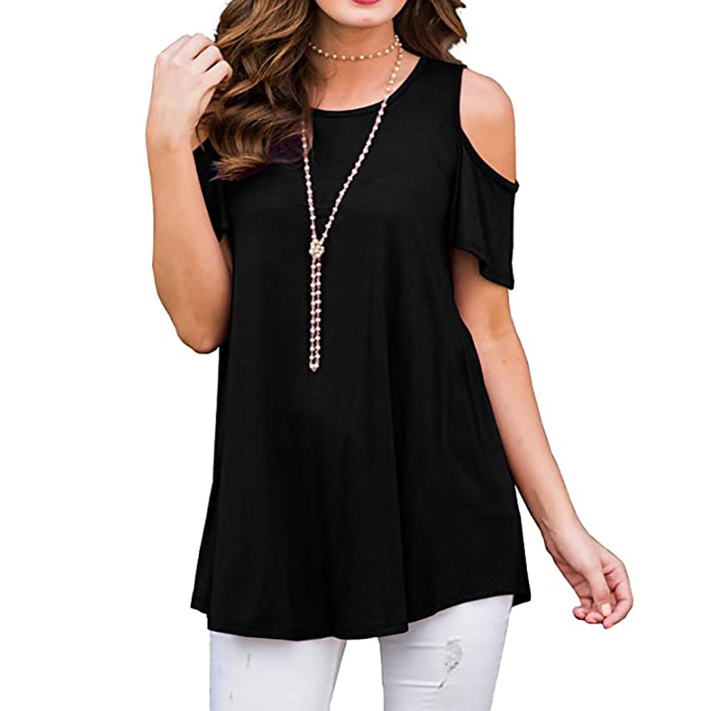 Summer Polyester Fiber Printed Off-the-shoulder Short Sleeve Pullover Women's Casual Shirt Top