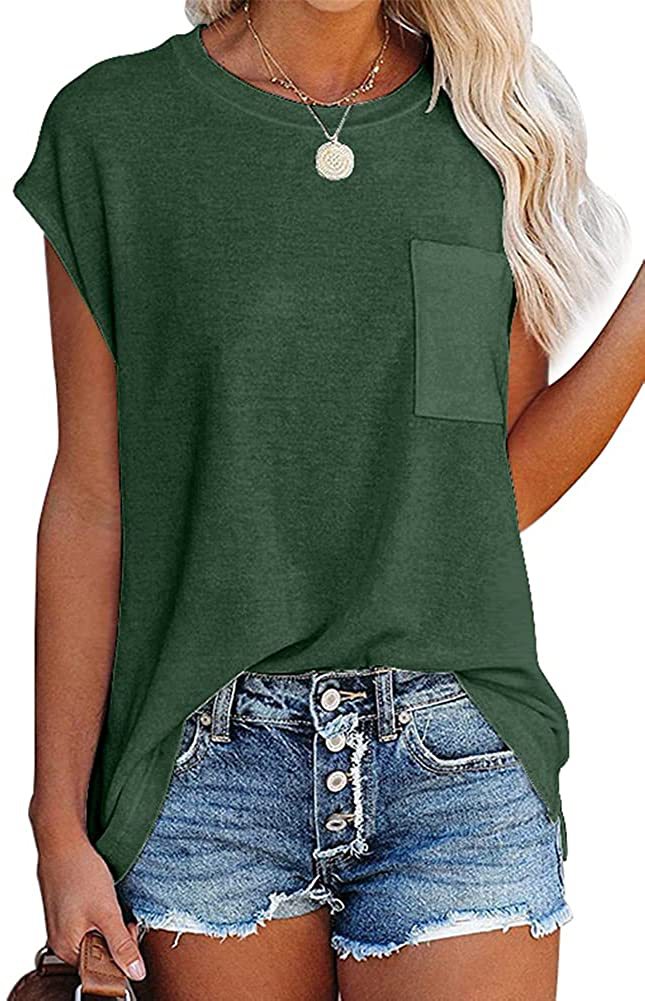 Women's Solid Color Round Leisure Neck Pocket Shoulder Short-sleeved T-shirt
