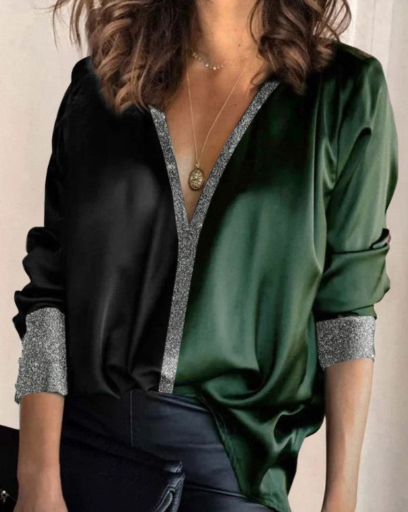 Business V-neck Solid Chiffon Color Temperament Commute Satin Long-sleeved Green Pullover