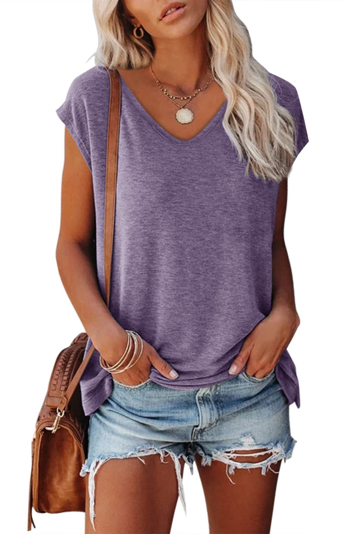 Solid Color V-neck Cotton Blend Casual Loose Sleeveless Top Women's T-shirt