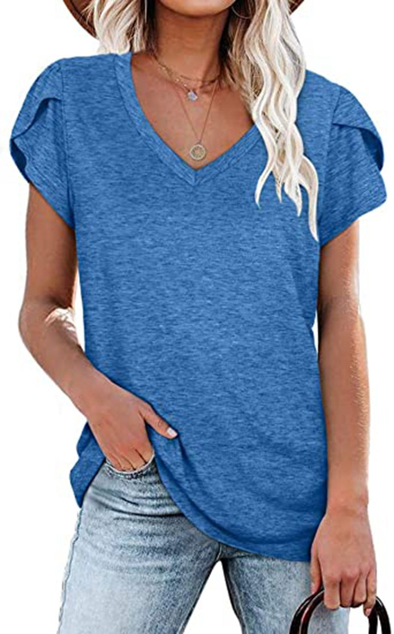 Solid Color V-neck Leisure Short Sleeve Top Women's T-shirt