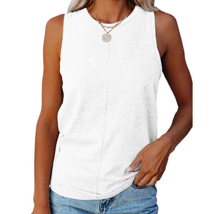 Summer Women's Stylish Casual Style Loose Round Neck Solid Color Sleeveless Vest T-shirt