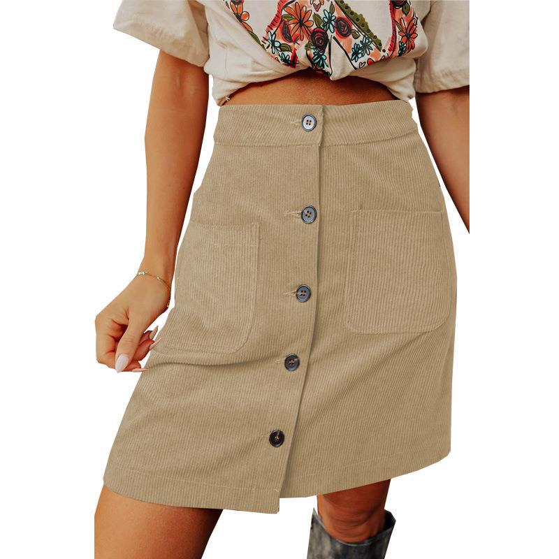 Corduroy Distressed High Waist Breasted Design Skirt