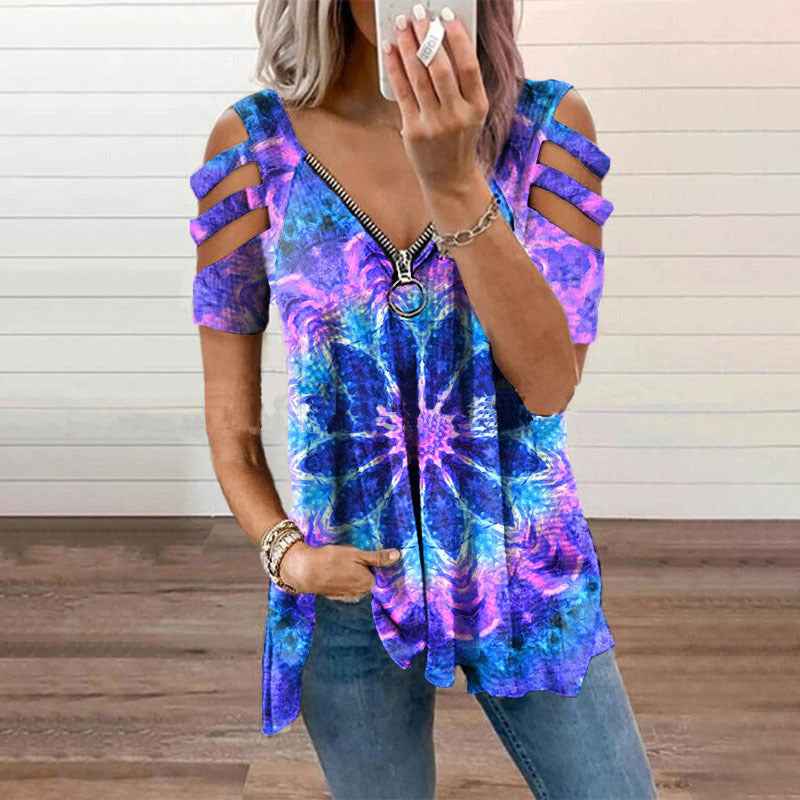 Women's Collar Leisure Zipper Pullover Print Short Sleeve Loose T-shirt Top