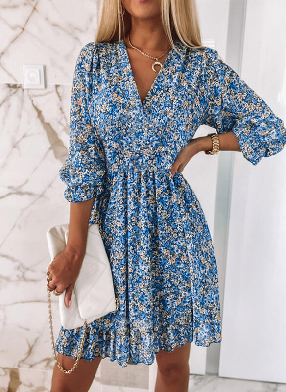 Mid-length Temperament Commute Pullover Print Short Sleeve Puff Mid-waist Floral Dress