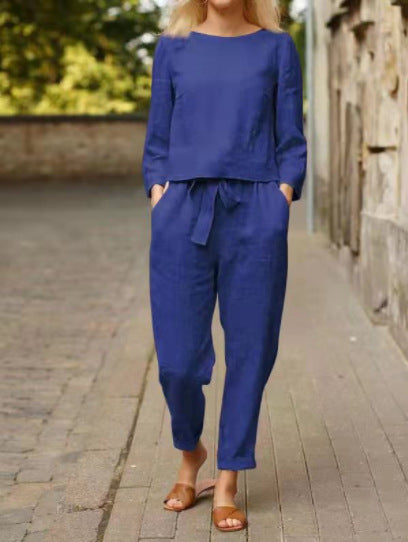 Linen Women's Fashion Solid Color Casual Pocket Two-piece Simple Retro Elastic Suit