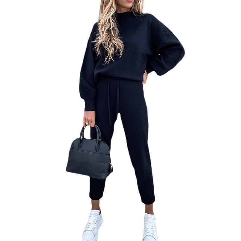 Women Set Turtleneck Casual Solid Color Urban Leisure Trousers Pocket Two-piece Sweater