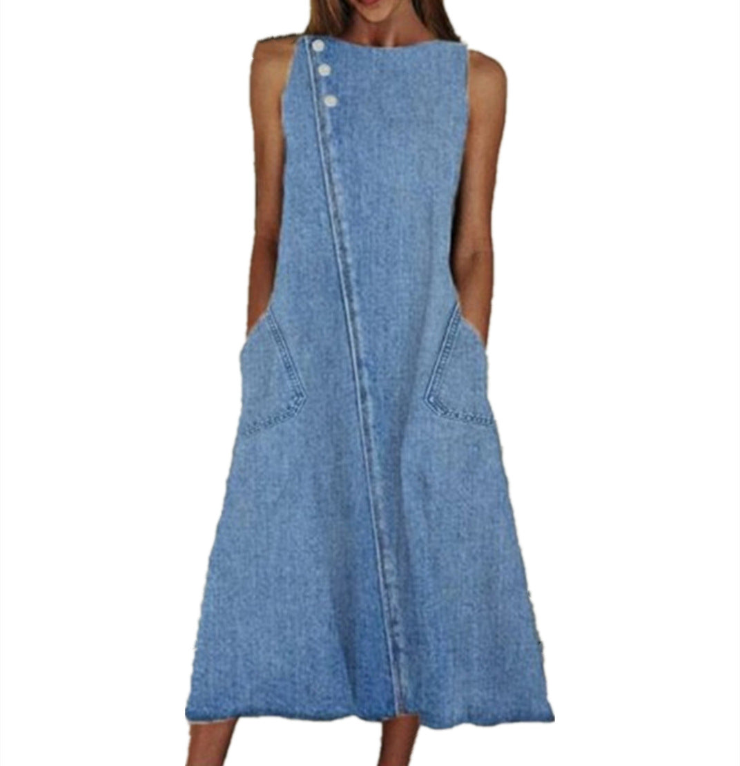 Round Neck Long Skirt Sleeveless Washed Denim Casual Plus Size Dress