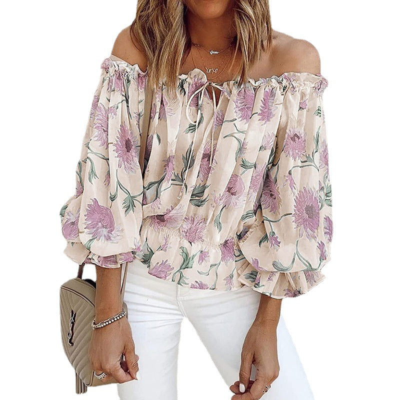 Sexy Off-shoulder Chiffon Blouse Street Women's Loose Printed Long-sleeved T-shirt Top
