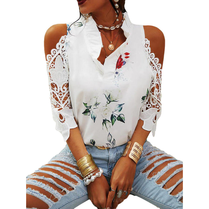 Summer Women's Top Flower Print Pullover Off-shoulder Lace Stitching Long Sleeve T-shirt