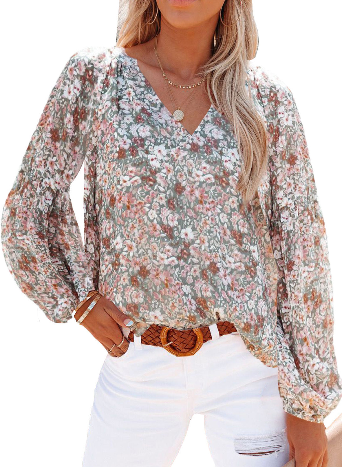 Women V-neck Slim Fit Chiffon Blouses Lantern Sleeve Floral Shirt