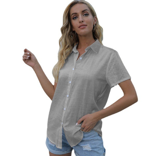 Solid Color Casual Cardigan Loose Short Sleeves Linen Shirt