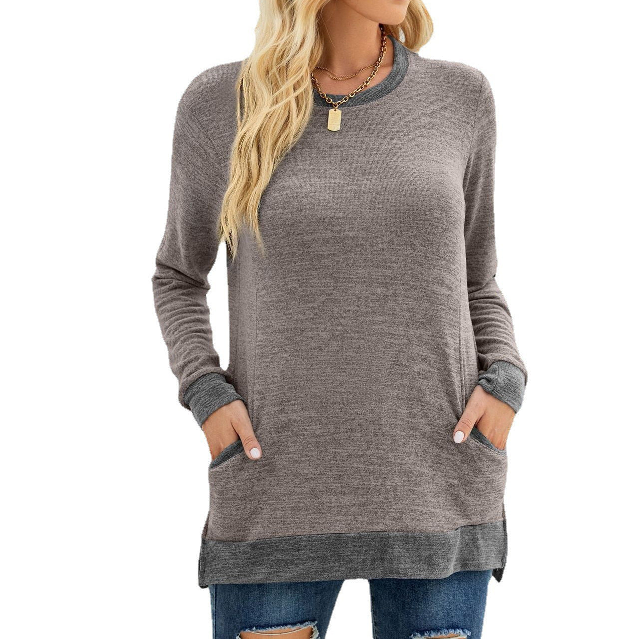 Women's Round Neck Multicolor Pocket Long Temperament Commute Sleeve Top Loose-fitting Pullover