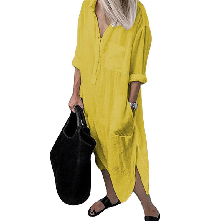 Elegant Solid Color Cotton Blend Simple Long Shirt Women's Dress