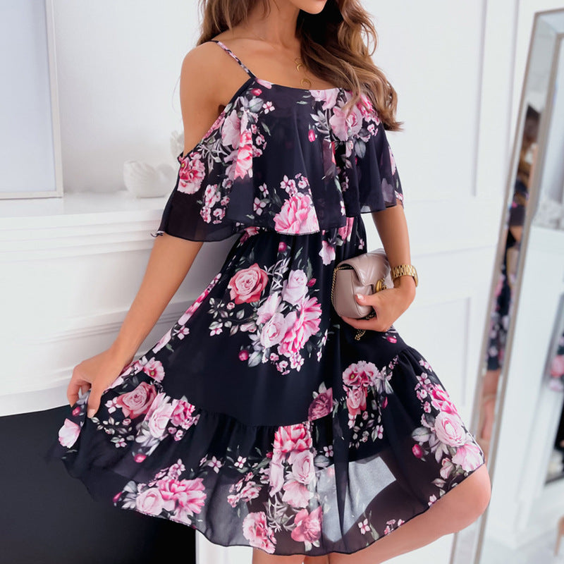 Chiffon Printed Printing Off-the-shoulder Strap Sexy Dress