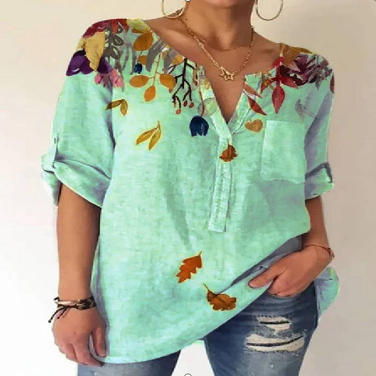 Summer Women Loose Printed Cotton Blend V-neck Three-quarter Sleeve Top