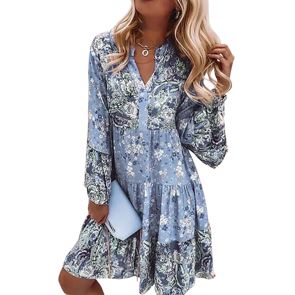 V-neck Floral Stitching Swing Printing Short Cropped Sleeves Layered Mini Dress