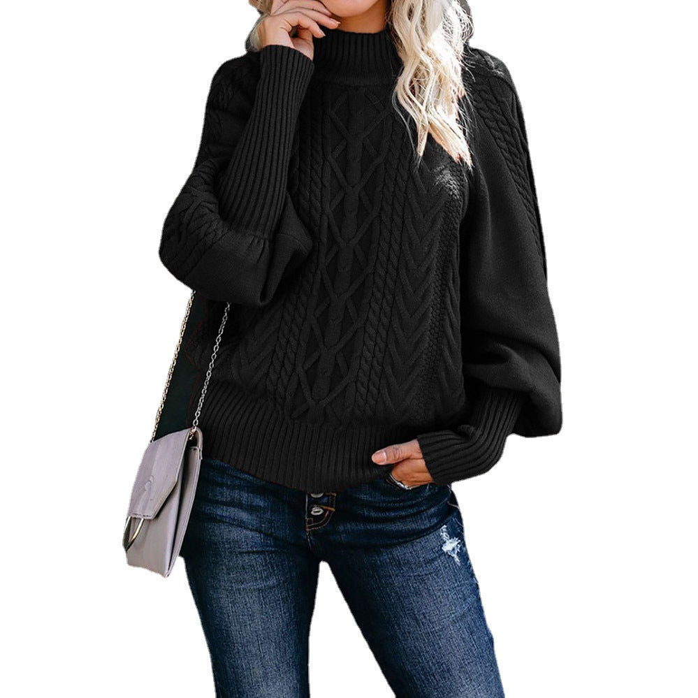 Winter Mid-neck Women's Loose Pullover Long-sleeved Knitted Solid Color Sweater