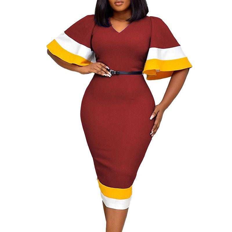 Women's Temperament Commute Summer Fashion Colorblock Bell Sleeve Dress