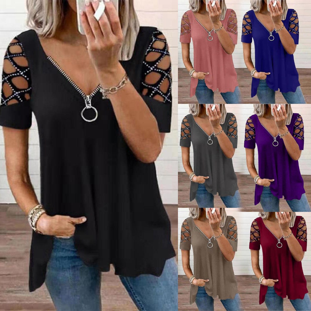 Loose Fashion V-neck Solid Color Hollow Sleeve Rhinestone Casual Women's Top