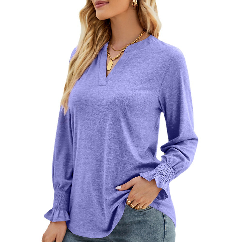 Women's Pullover Top Autumn Casual V-neck Solid Color Ruffle Sleeve Loose T-shirt