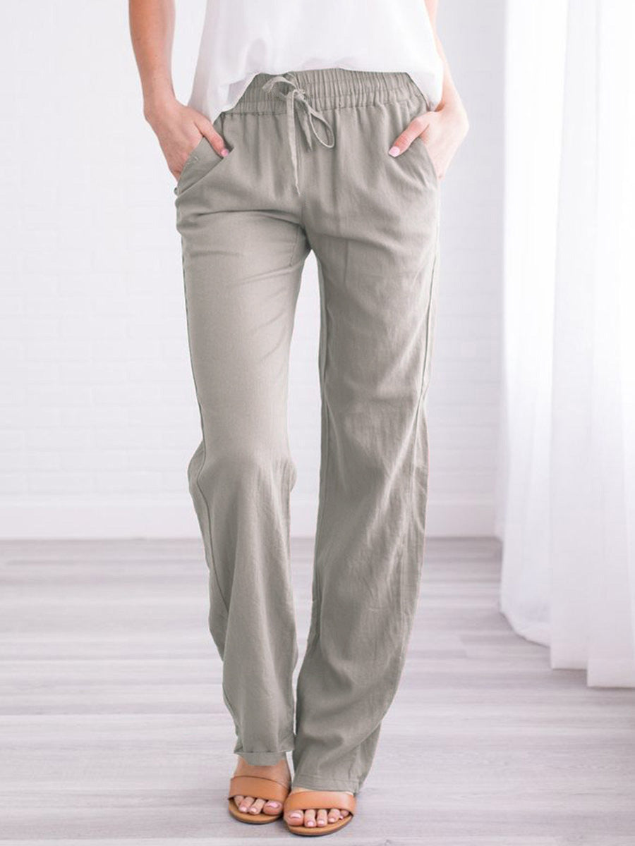 Women's Temperament Commute Solid Color Cotton Linen Drawstring Loose Casual Wide-leg Trousers