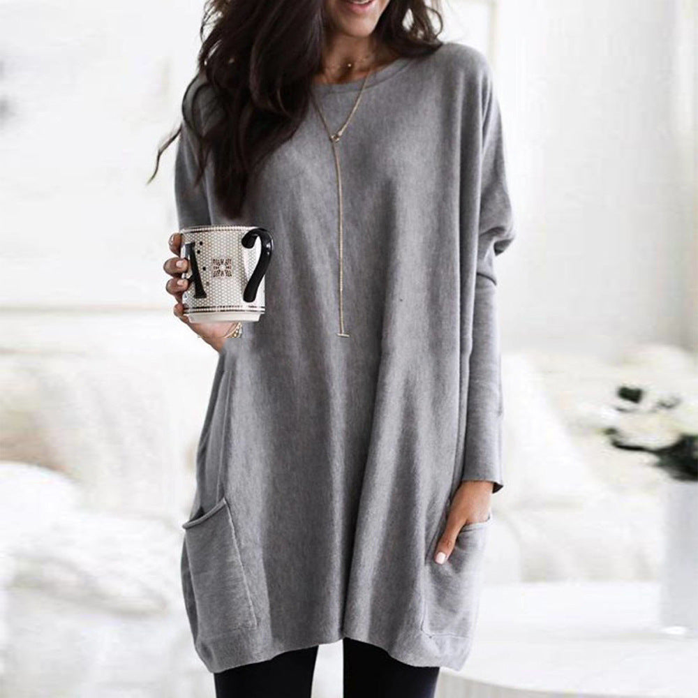 Women's Autumn Pullover Casual Round Neck Long Sleeve Pocket T-shirt Top