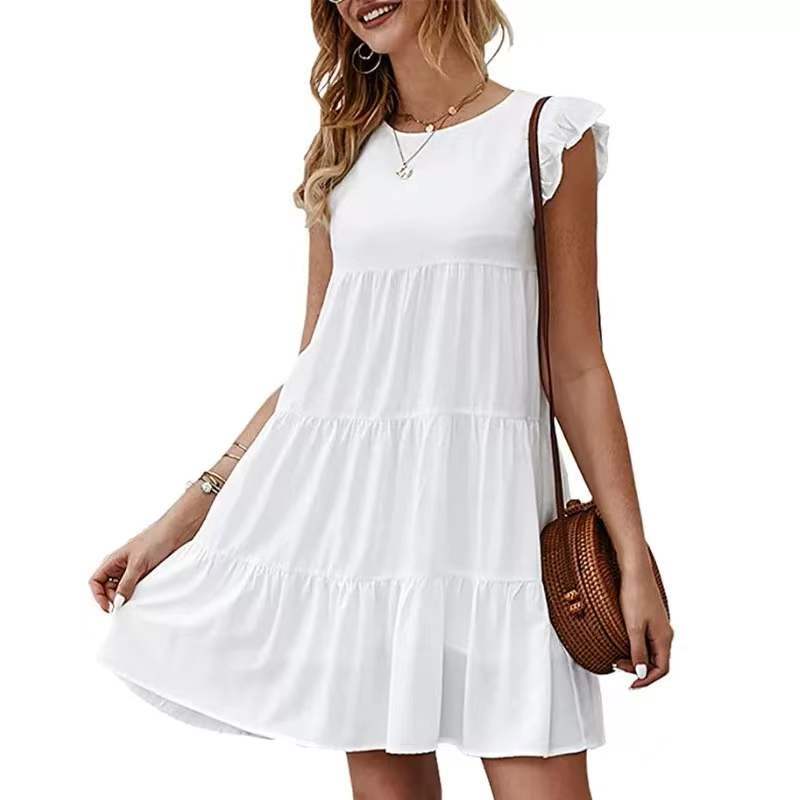 Summer Solid Color Round Temperament Commute Neck Short Sleeves Casual Cake Pleated Large Swing Dress