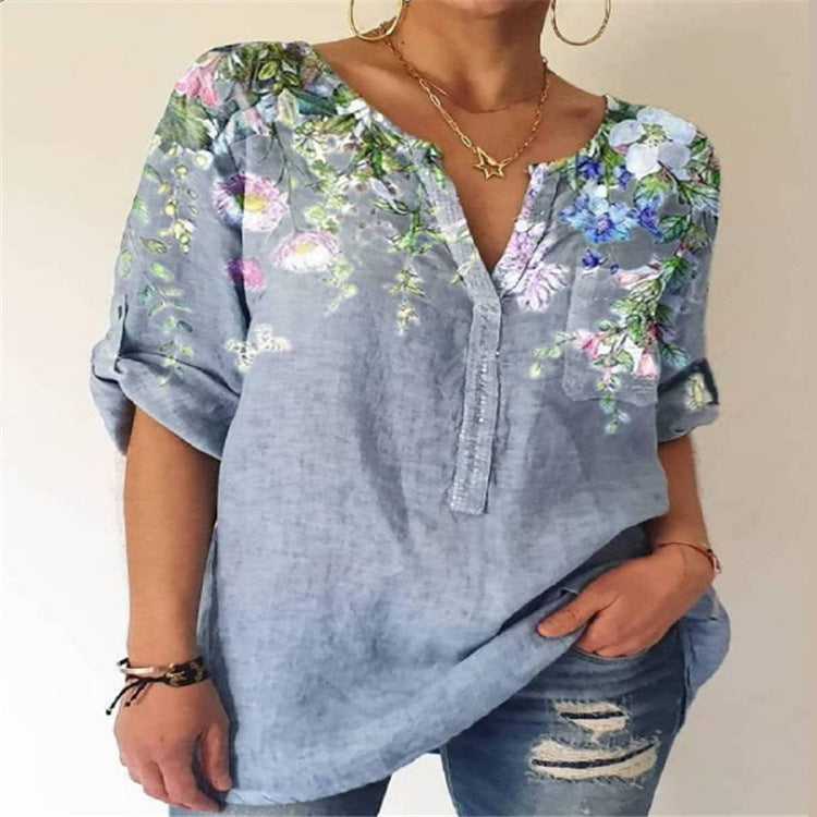 Summer Women Loose Printed Cotton Blend V-neck Three-quarter Sleeve Top