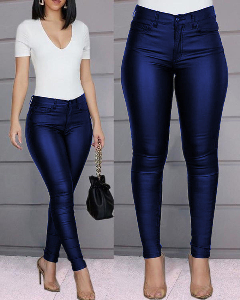 Solid Color Leather Pants Mid Waist Casual Sexy Skinny Women's Trousers