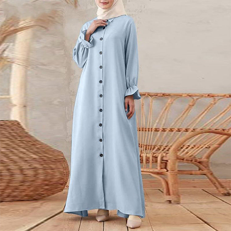 Spring Long Skirt Casual Retro Women's Cardigan Round Neck Swing Dress